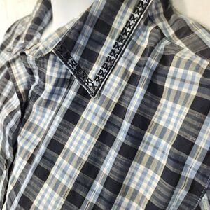 1980s Women’s L Shimmer Plaid Western Shirt Metallic Thread Lurex Embroidered